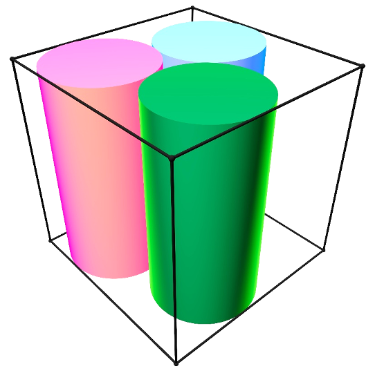 Two configurations: three perpendicular cylinders at R=1/2 versus three parallel cylinders packed as an equilateral triangle at R≈0.5087